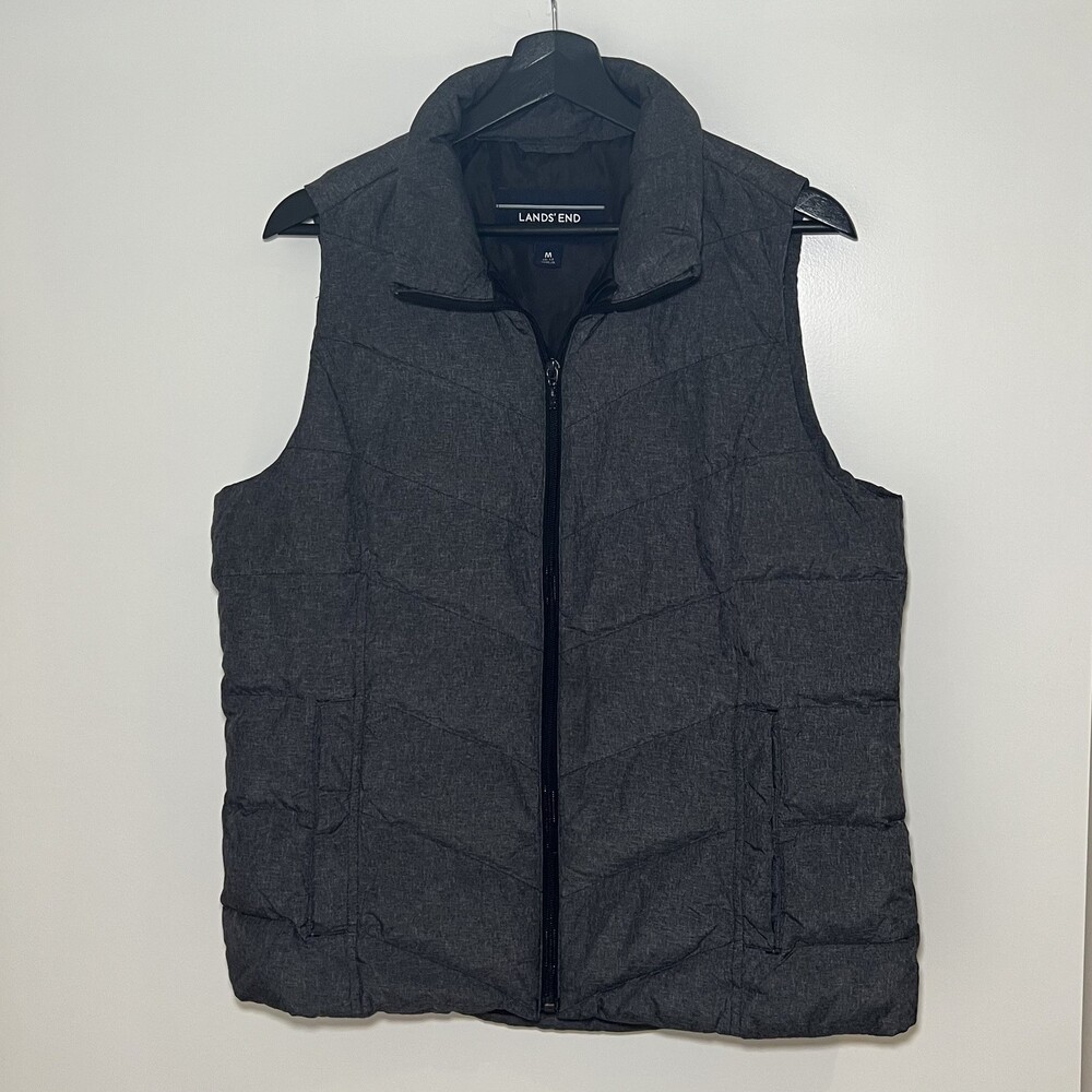 Lands End Womens Medium Puffer Vest Quilted Gray Heather Down Blend Jacket fall